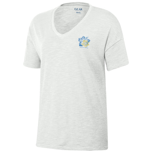 Women's White Hibiscus Slub V-neck